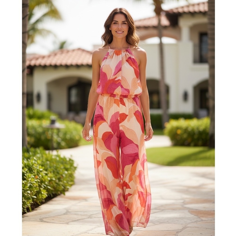 Entro Pink Orange Tropical Leaf Halter Wide Leg Jumpsuit Lg NEW Resortwear